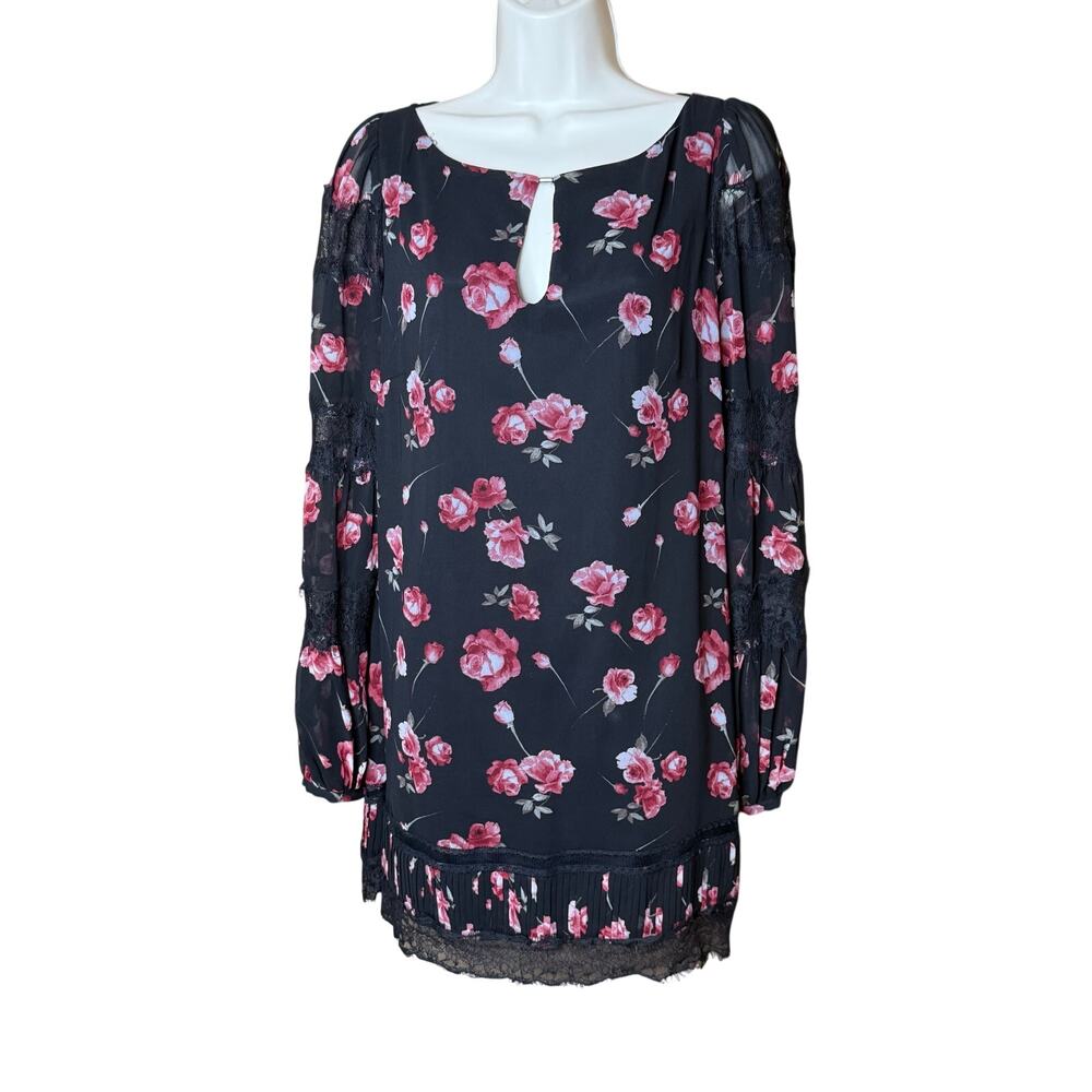 White House Black Market Black Pink Rose Floral Lace Tunic Dress 8